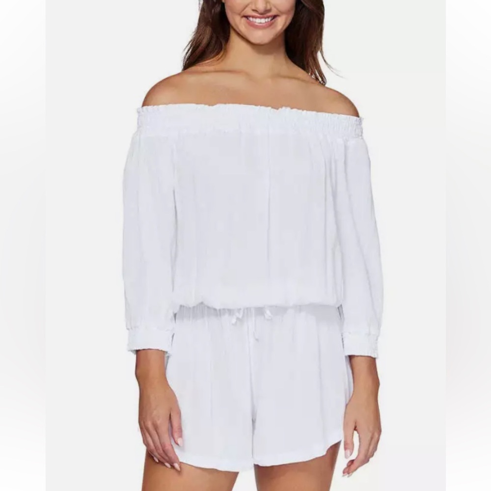 Raisins Womens West Coast Off-The-Shoulder Romper Cover-Up White Size S - Picture 2 of 11